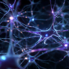 Neural Network Connections with Glowing Synapses in Dark Background