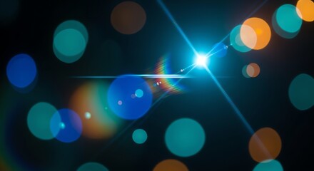 Abstract glowing bokeh lights with lens flare effect on a dark background