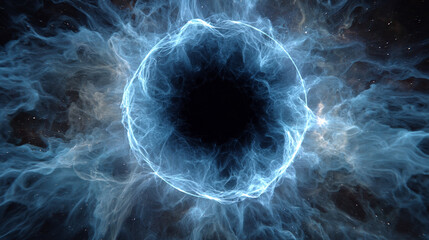 Circular energy pulse radiates outward in a dark void, glowing with vibrant light and dynamic waves, symbolizing power, force, and motion in an abstract cosmic or sci-fi scene.