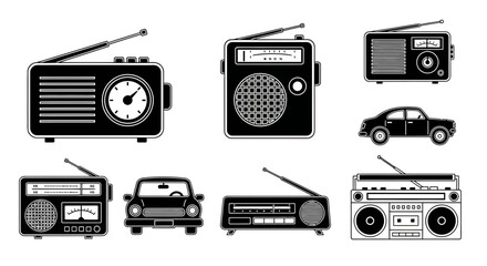 Obraz premium Retro radios and classic cars collection for vintage design projects and nostalgic themes