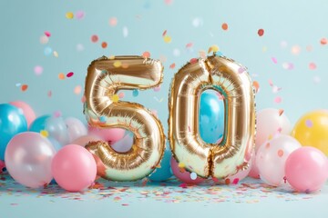 Golden 50 Balloon with Colorful Confetti and Balloons for Celebration