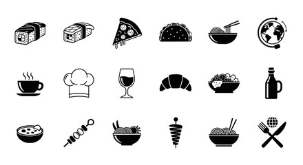 Diverse culinary icons showcasing delicious food and drink options from around the world, perfect for menus and culinary themes.