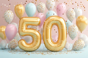 Golden Balloons and Confetti for 50th Birthday Celebration