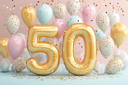 Golden Balloons and Confetti for 50th Birthday Celebration