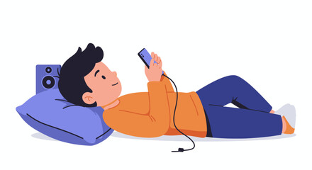 Obraz premium Young boy relaxing on a pillow while playing games on his smartphone with a speaker nearby, enjoying leisure time at home.