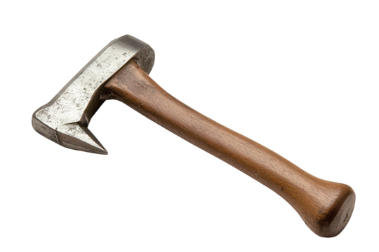 Antique shingling hatchet isolated on transparent background, featuring a wooden handle and a weathered metal head, showcasing its vintage design and craftsmanship for roofing work