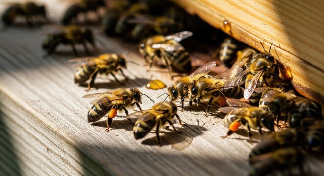Close-up of honeybees at wooden hive entrance: busy pollinators in action