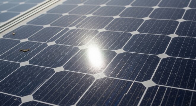Closeup of sunlight reflecting on modern solar panels for renewable energy