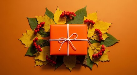 Festive orange gift box wrapped with white twine, surrounded by autumn leaves and berries on a warm orange background