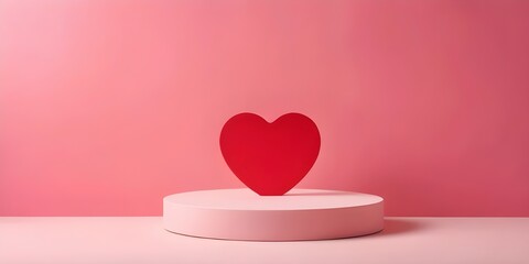 A pink empty podium featuring a red heart against a pastel backdrop, perfect for showcasing cosmetic products. romantic setting with a stand ideal for branding and presentations on Valentine's Day.