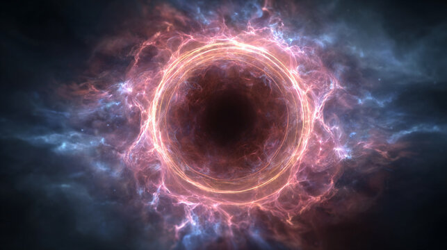 Circular energy pulse radiates outward in a dark void, glowing with vibrant light and dynamic waves, symbolizing power, force, and motion in an abstract cosmic or sci-fi scene.