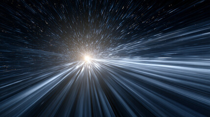Dynamic hyperspace streaks converge with bright lens flare, creating a sense of speed, light travel, and futuristic motion.
