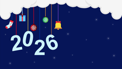 Happy New Year Background. 2026 Number With Stars, Gift Boxes Christmas Bell, Lamp and Sock. Isolated Dark Blue Background. New Year Greeting Template For Social Media and Typography. Holidays concept
