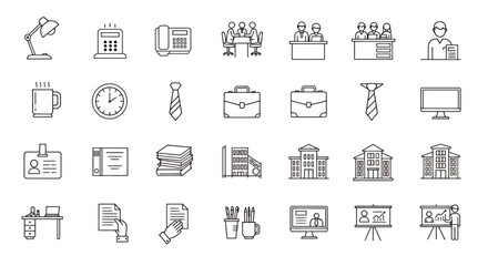 A collection of line art icons representing office elements, business concepts, and professional work environments, suitable for digital design and presentations.