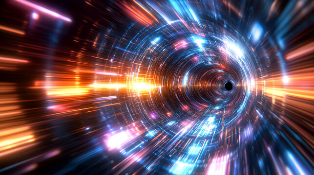 Circular energy pulse radiates outward in a dark void, glowing with vibrant light and dynamic waves, symbolizing power, force, and motion in an abstract cosmic or sci-fi scene.