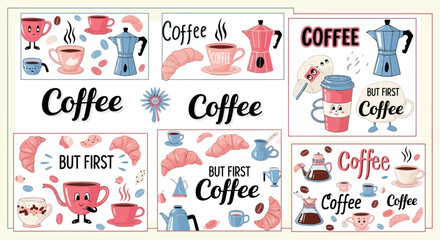 Naklejka premium Coffee-themed graphic elements set for cafe design mugs, beans, croissants, and decorations