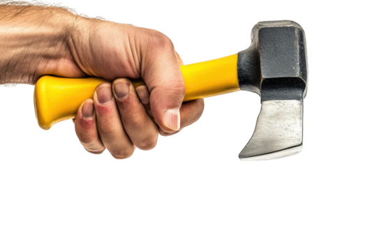 Hand holding a small axe with a yellow handle isolated on transparent background, showcasing its compact size and design for precision work in various tasks