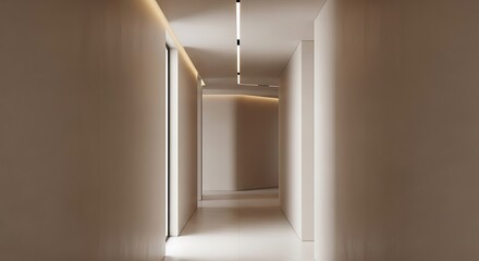 Minimalist modern hallway design with sleek linear lighting and warm indirect illumination, creating a serene and sophisticated architectural interior space that embodies contemporary elegance