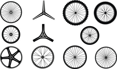 Bicycle wheel silhouettes, diverse spoke patterns, rim and hub designs, mountain bike tires, vector illustration set, cycling graphic elements, transportation artwork collection © MdShahin