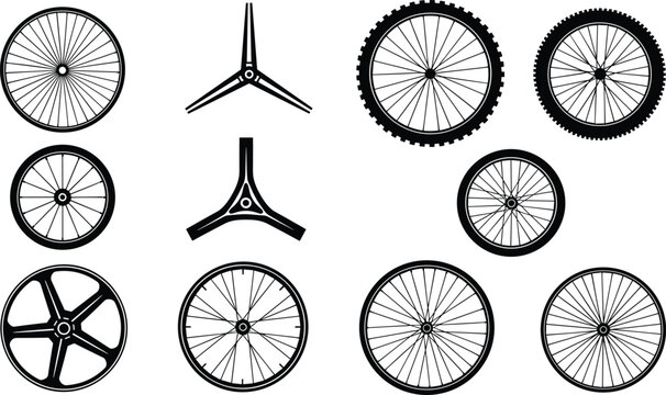 Bicycle wheel silhouettes, diverse spoke patterns, rim and hub designs, mountain bike tires, vector illustration set, cycling graphic elements, transportation artwork collection