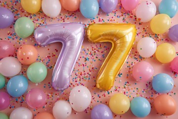 Colorful Celebration with 77 Balloons and Confetti on Pink Background
