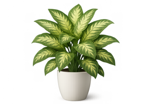 Dieffenbachia houseplant with vibrant green and yellow leaves in a white pot, bringing nature indoors, transparent background