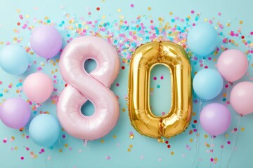 Colorful 80th Birthday Celebration with Balloons and Confetti
