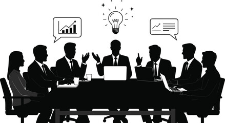 Business meeting silhouettes, team discussion vector, office collaboration concept, brainstorming idea illustration, corporate teamwork presentation, strategy planning, leadership communication design