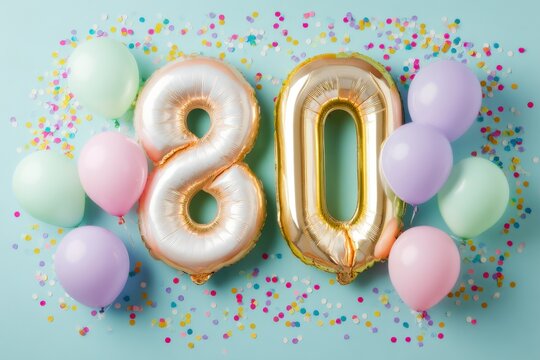 Celebrate 80th Birthday with Colorful Balloons and Confetti - Powered by Adobe