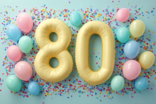 Festive Golden 80 Balloon with Colorful Confetti and Balloons