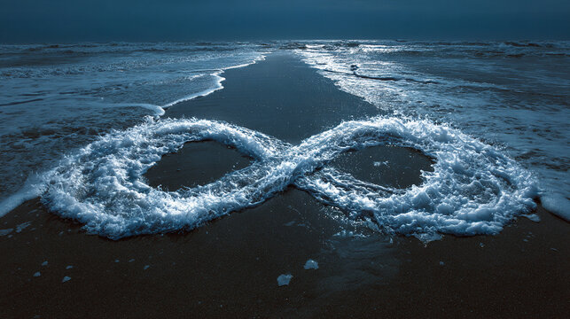 An ocean wave curves into a glowing infinity symbol, merging fluid motion with natural power as foamy crests swirl seamlessly into a continuous loop against a serene, atmospheric seascape