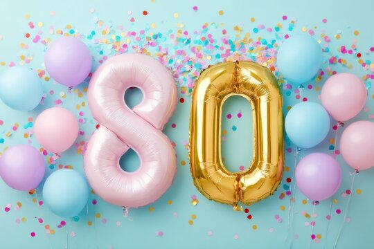 Colorful 80th Birthday Celebration with Balloons and Confetti