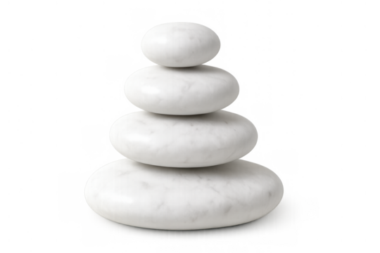 White polished marble stones stacking, creating a balanced and harmonious zen structure against a transparent background