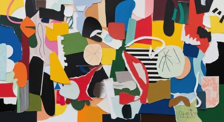Vibrant abstract collage with bold shapes and colors creating dynamic visual harmony