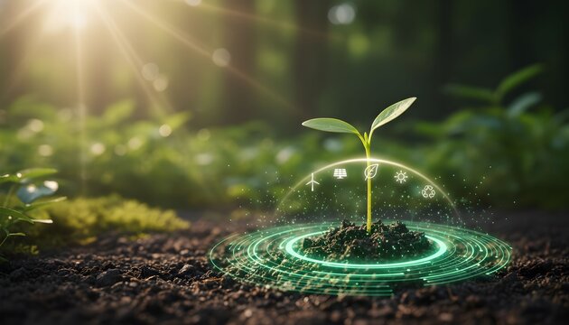 A young plant sprout growing from soil with a futuristic glowing green technology interface.