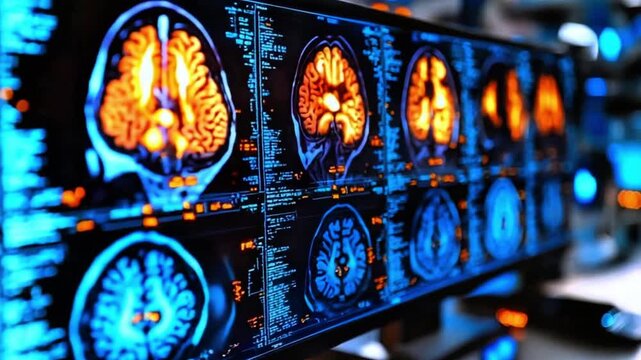 High-Resolution Brain Scans on Digital Monitor Displaying Human Anatomy and Neurological Activity for Medical Diagnosis and Research