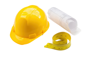 A yellow hard hat, rolled blueprint, and yellow measuring tape arranged on a transparent background, representing construction and safety equipment, isolated on transparent background