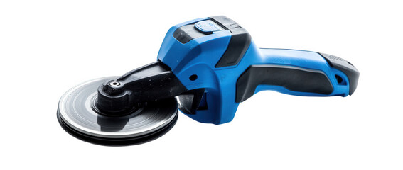 A blue angle grinder isolated on transparent background, a versatile power tool used for grinding, cutting, and polishing various materials with precision and efficiency