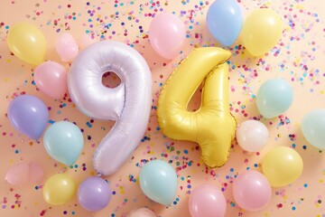 Celebratory Pastel Balloons and Metallic Number 94 on Festive Background