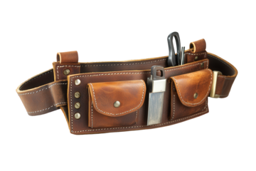 A leather tool belt isolated on transparent background, designed to hold various tools and accessories for convenient access during construction and maintenance tasks