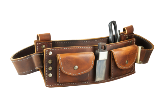 A leather tool belt isolated on transparent background, designed to hold various tools and accessories for convenient access during construction and maintenance tasks