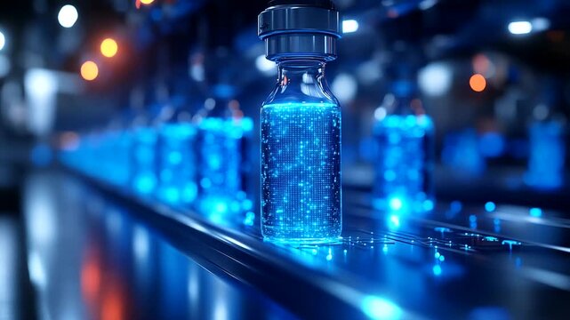 Glowing vaccine vials on a high-tech production line