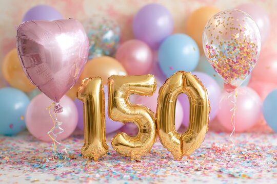 Golden Number Balloons with Colorful Confetti and Balloons Display