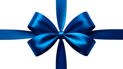 A vibrant blue satin ribbon tied into a perfect bow creating a festive and elegant decoration isolated on transparent background
