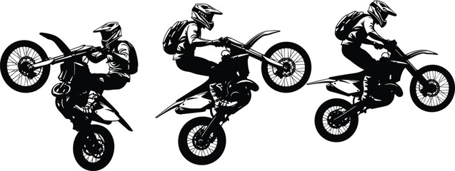 Dirt bike stunt silhouettes, motocross rider jumps, wheelie action sequence, extreme sport vector illustration set, biker lifestyle artwork, motorcycle graphic design elements © MdShahin