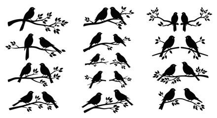 Charming silhouette collection features pairs of adorable birds perched on delicate branches, perfect for adding a touch of nature's elegance to any design project.