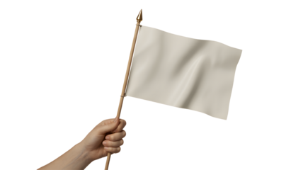 Human hand holding a small plain white flag on a pole isolated on transparent background