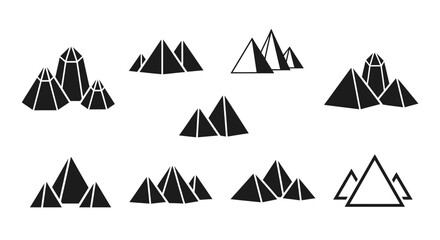 Diverse geometric pyramid and crystal formations symbolizing achievement, growth, and ancient wisdom for modern design projects.