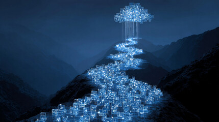 Cloud storage visualized as a digital waterfall, with cascading data streams flowing downward in glowing layers to represent information transfer, depth, and seamless connectivity.