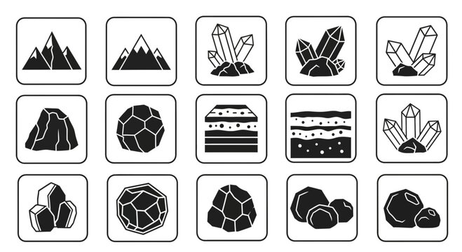 Discover stunning geological icons showcasing mountains, crystals, and rock formations for earth science and nature projects.